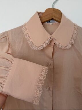 Delicate Dainty Lace-Trim Button Down Shirt - Blush Pink Cotton